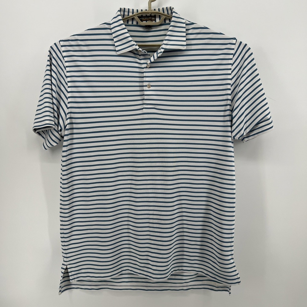 Peter Millar Golf Polo Shirt Mens Large Summer Comfort Turquoise White Stripe